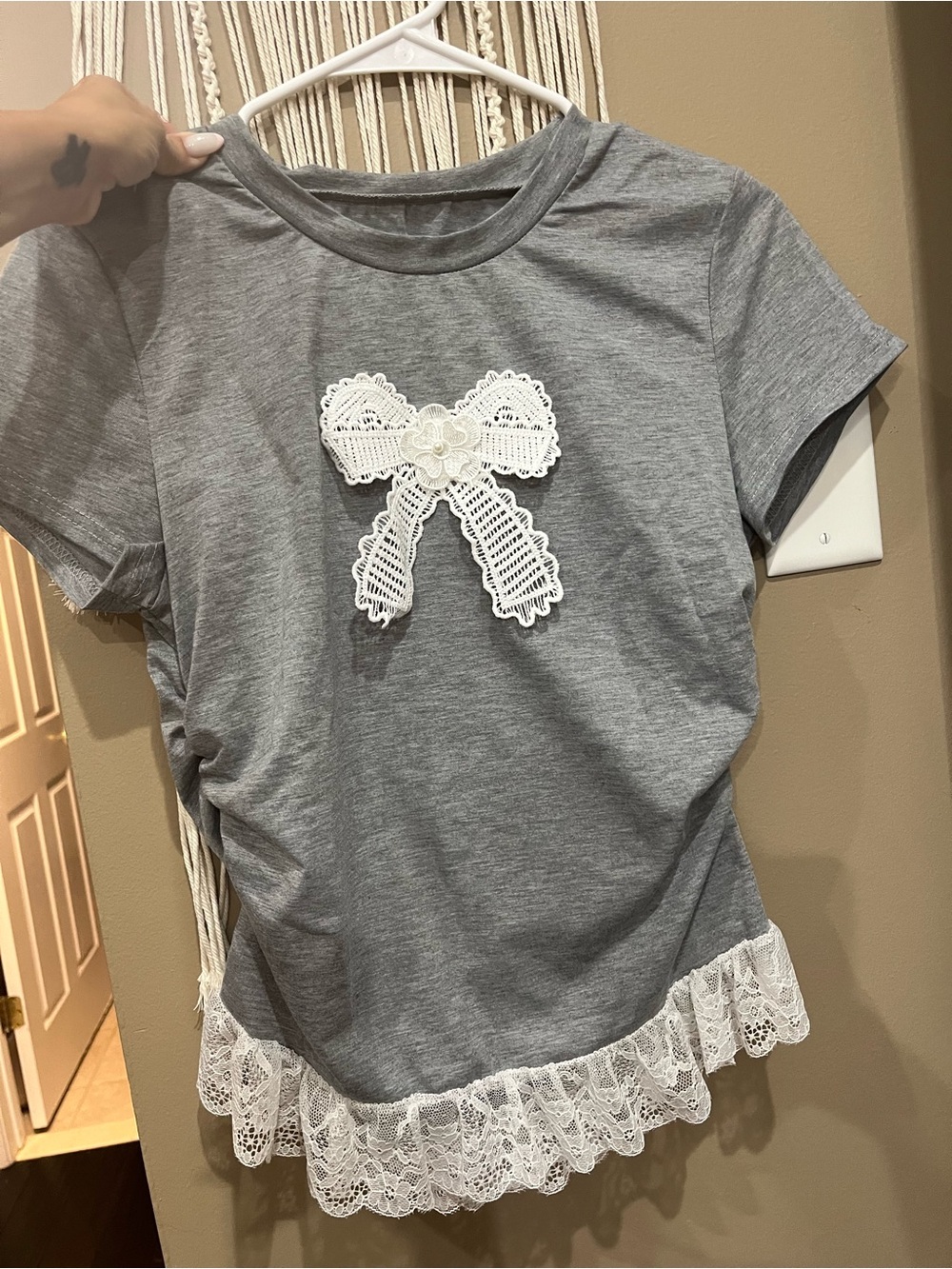 Ladies Gray Tee with White Lace Bow & Hem